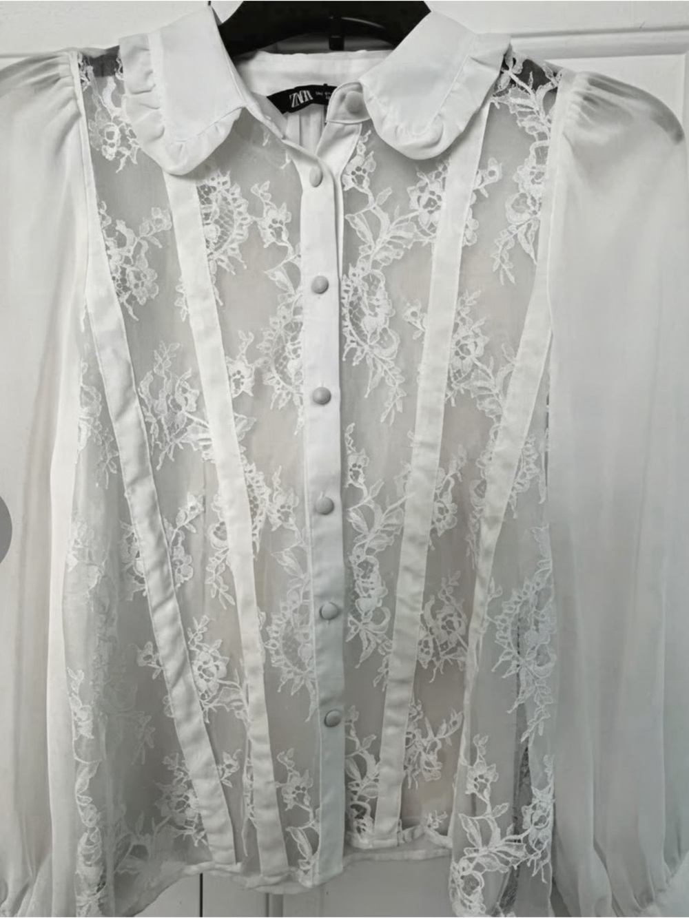 Zara Romantic White Lace Pintuck Button-Down Blouse